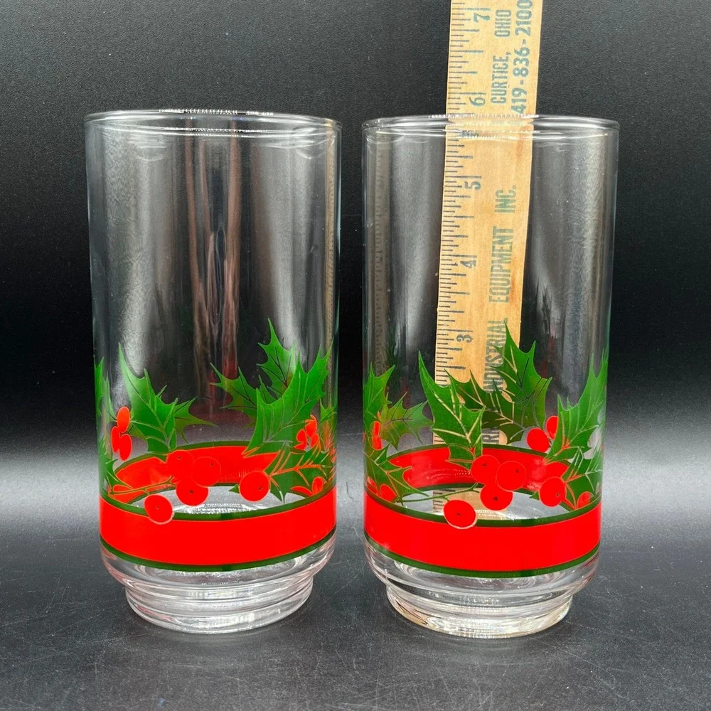 Vtg Libbey Christmas Holly Berries Highball Glasses Ice Tea Set of 2 14 oz